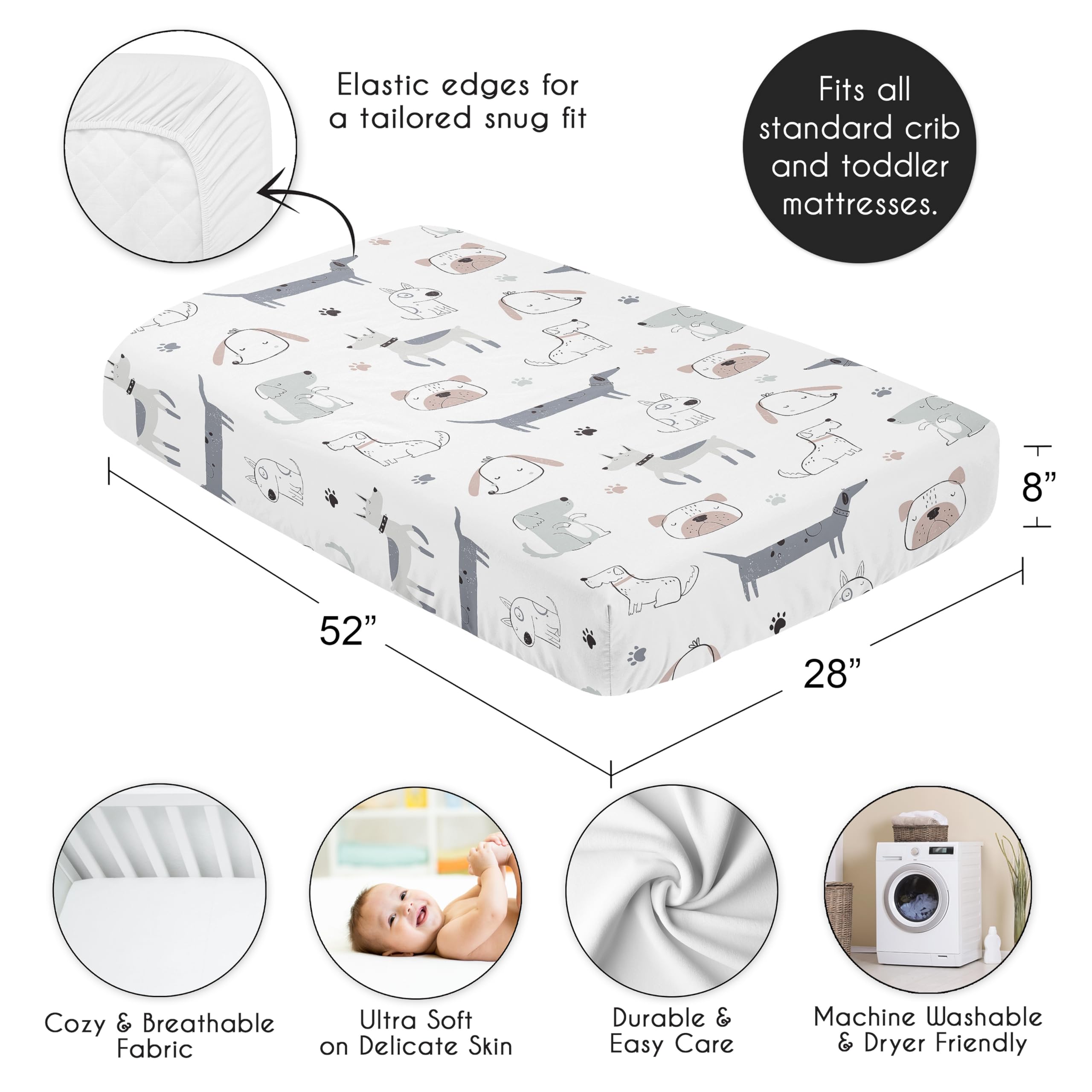 Sweet Jojo Designs Puppy Dog sheet laid flat shows standard crib size 52x28x8
