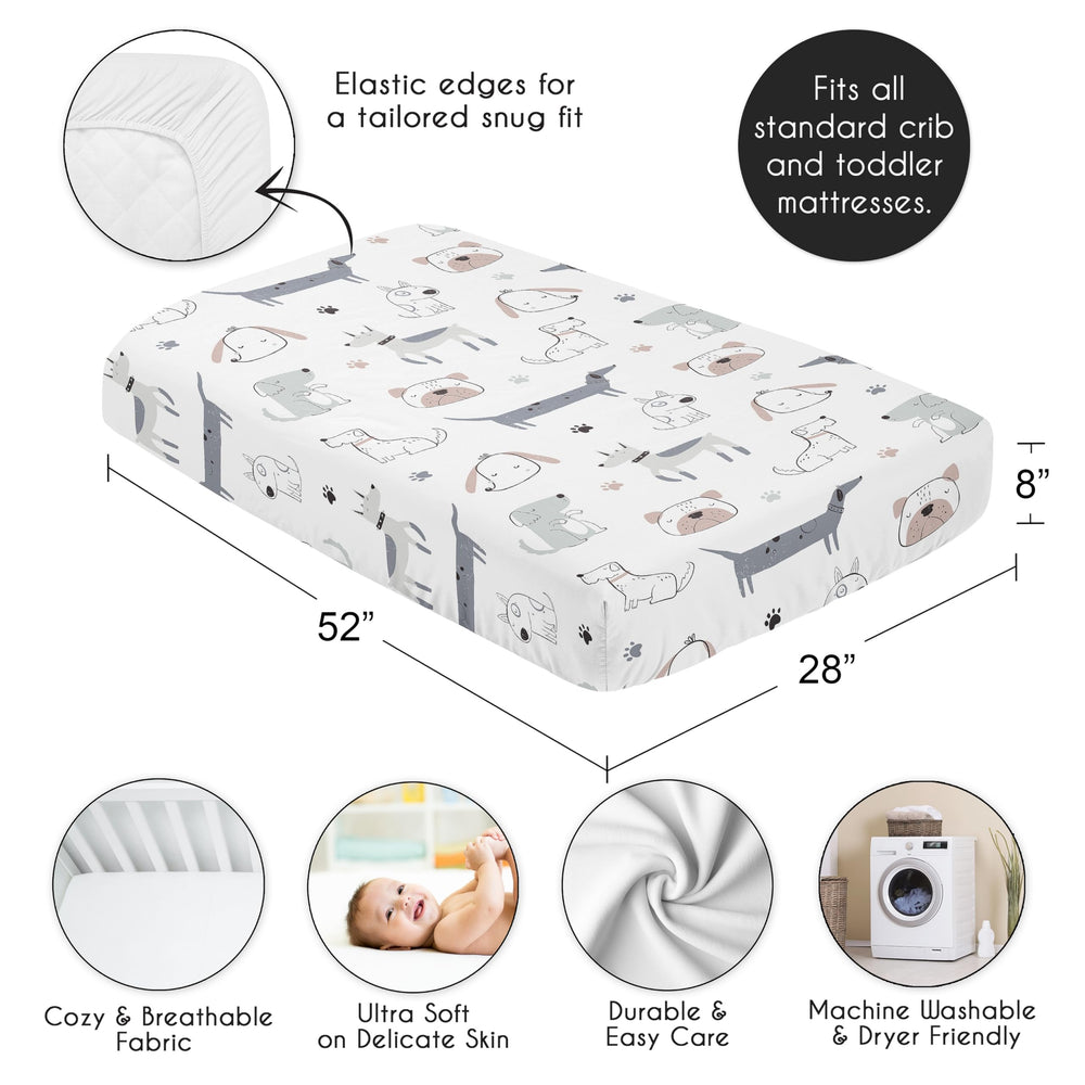 Sweet Jojo Designs Puppy Dog sheet laid flat shows standard crib size 52x28x8