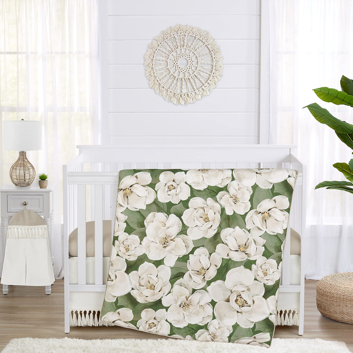 Sweet Jojo Designs sage green boho flower blanket 45x36 adds soft warmth for naps.
