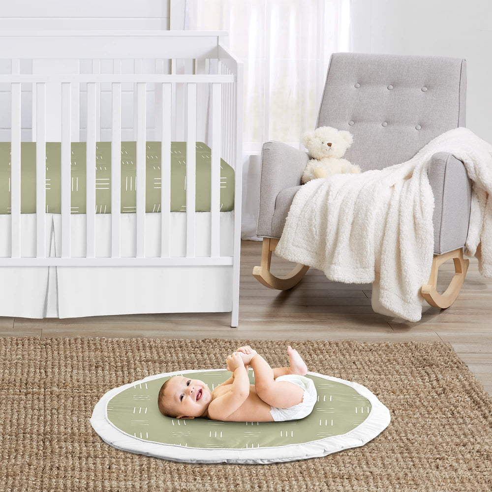 Sweet Jojo Designs playmat close-up shows sage green mudcloth hatch pattern and soft microfiber.