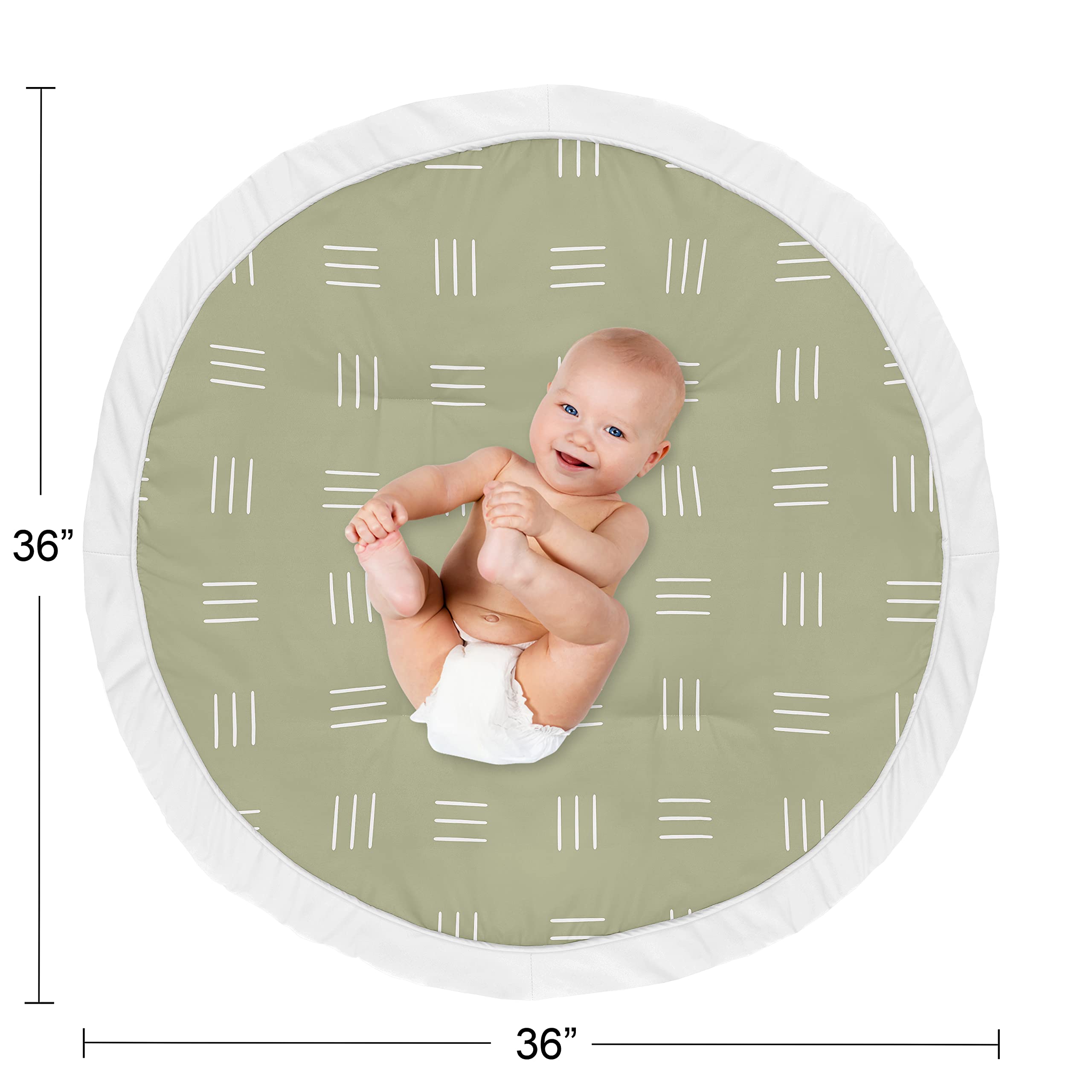 Sweet Jojo Designs Sage Green playmat on floor with child, ideal for tummy time and play.