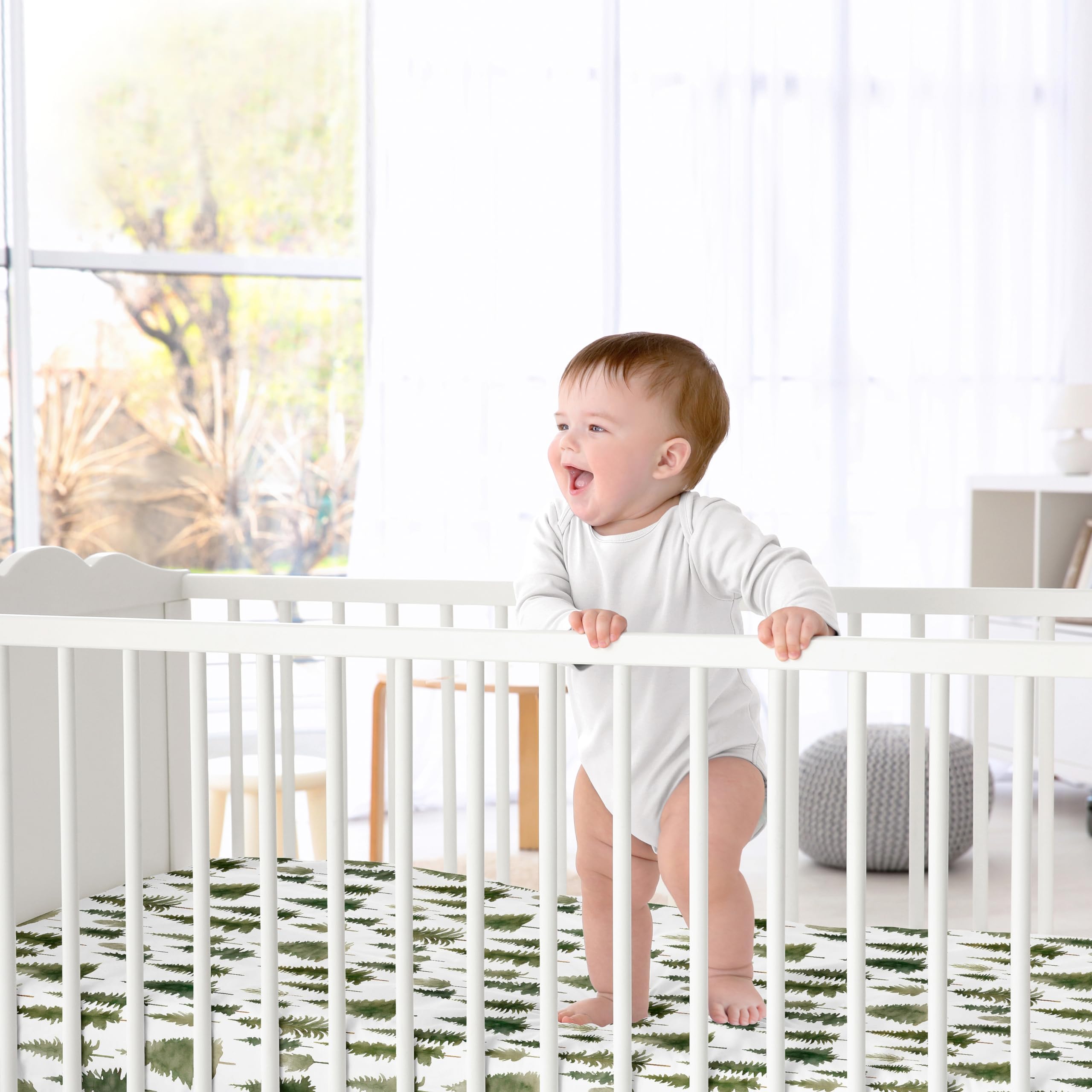 Sweet Jojo Designs Sage Green Woodland forest-themed nursery decor and pine trees
