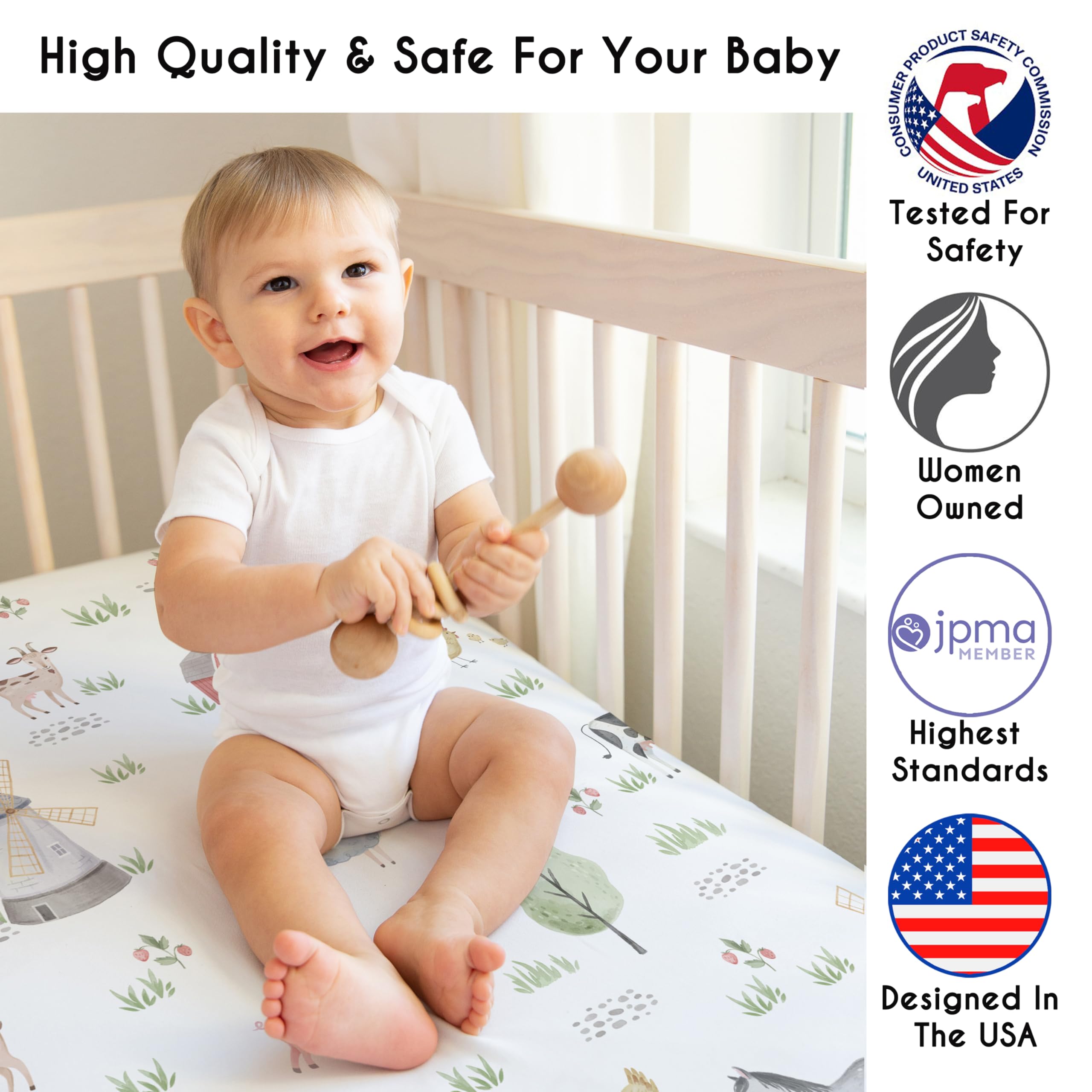 Sweet Jojo Designs snug-fit crib sheets with elastic edge ensuring secure fit