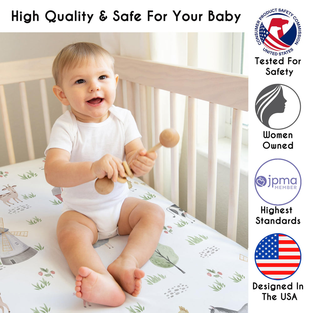 Sweet Jojo Designs snug-fit crib sheets with elastic edge ensuring secure fit