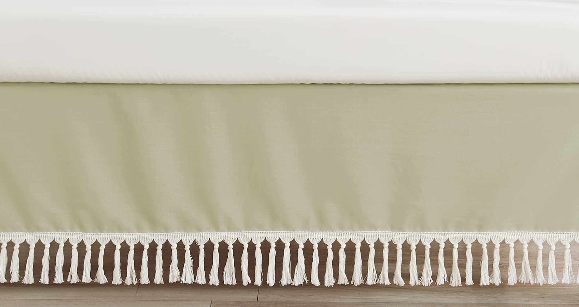 Sweet Jojo Designs solid sage green crib skirt with dust ruffle enhances nursery decor and prevents crib frame exposure