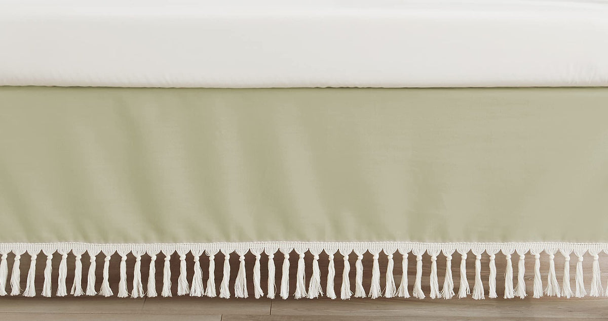 Sweet Jojo Designs solid sage green crib skirt with dust ruffle enhances nursery decor and prevents crib frame exposure