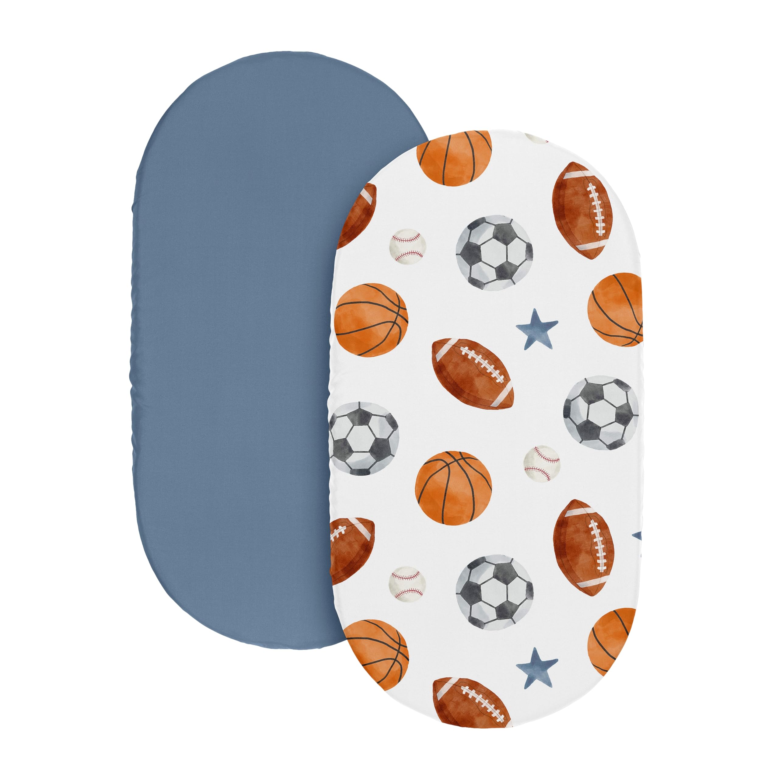 Sweet Jojo Designs sport-theme bassinet sheets snug-fit for quick nighttime changes.
