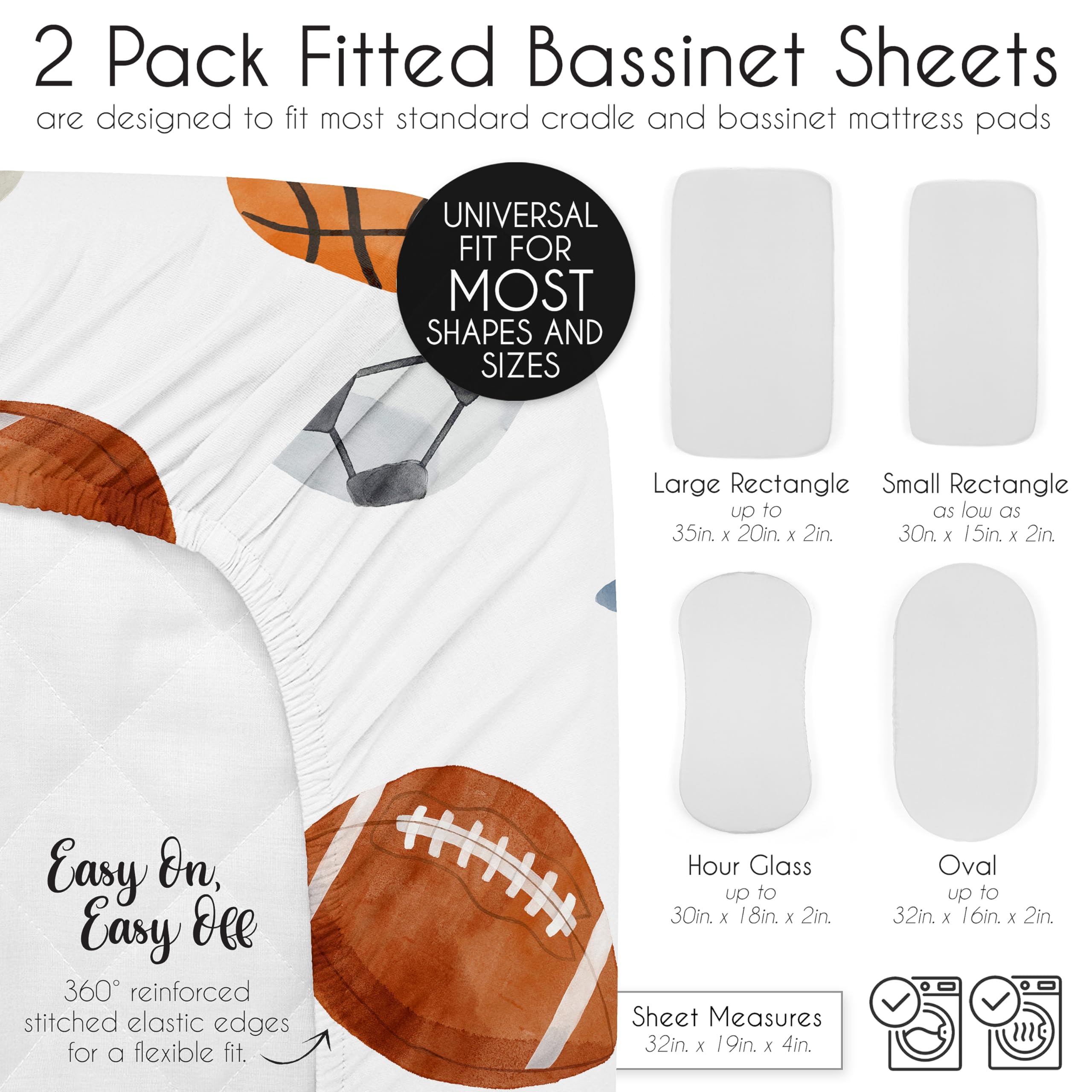 Sweet Jojo Designs sport-theme bassinet sheets gift-ready packaging for new parents.