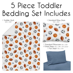 Sweet Jojo Designs pillowcase showing blue stars and sports motif for playful sleep gear