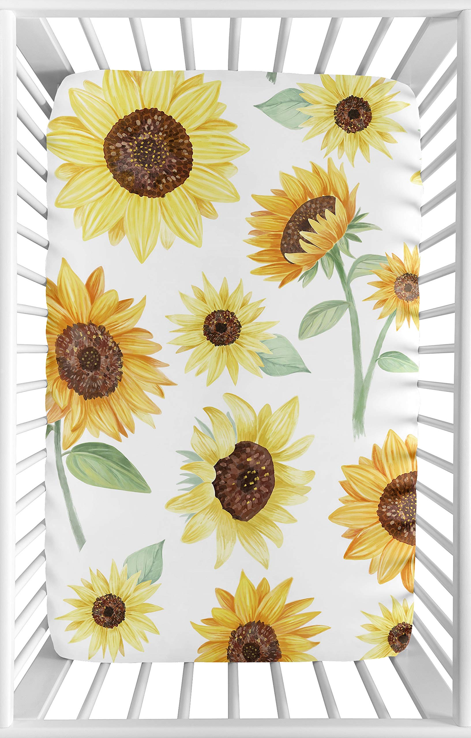 Sweet Jojo Designs sunflower mini crib sheet front view shows soft brushed microfiber and colorful print.