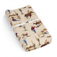Sweet Jojo Designs tan-brown western cowboy changing pad cover close-up highlighting soft brushed microfiber and secure elastic edge.