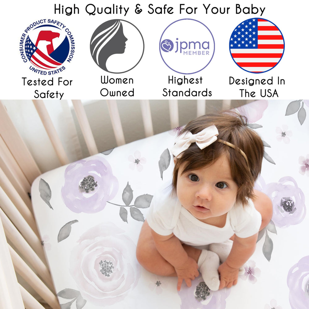 Sweet Jojo Designs USA-designed crib sheets feature soft lavender pattern for calm nursery styling.