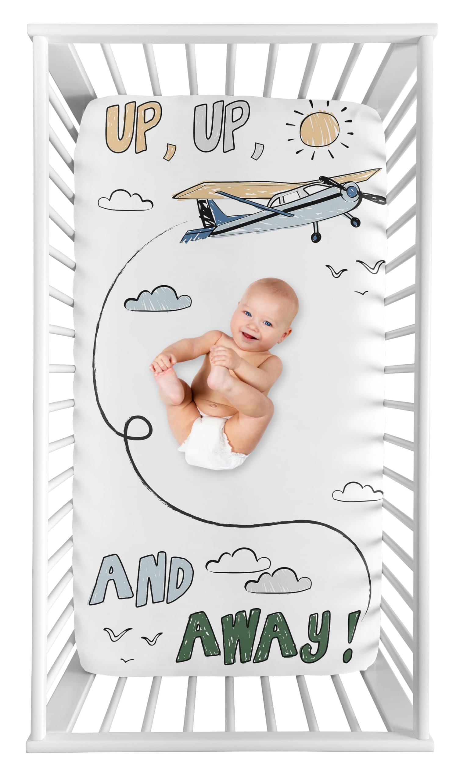 Sweet Jojo Designs Vintage Airplane crib sheet with airplanes and clouds for cozy baby sleep.