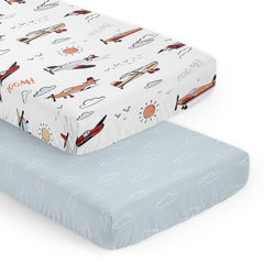 Sweet Jojo Designs vintage airplane sheets front view showing snug fit for crib