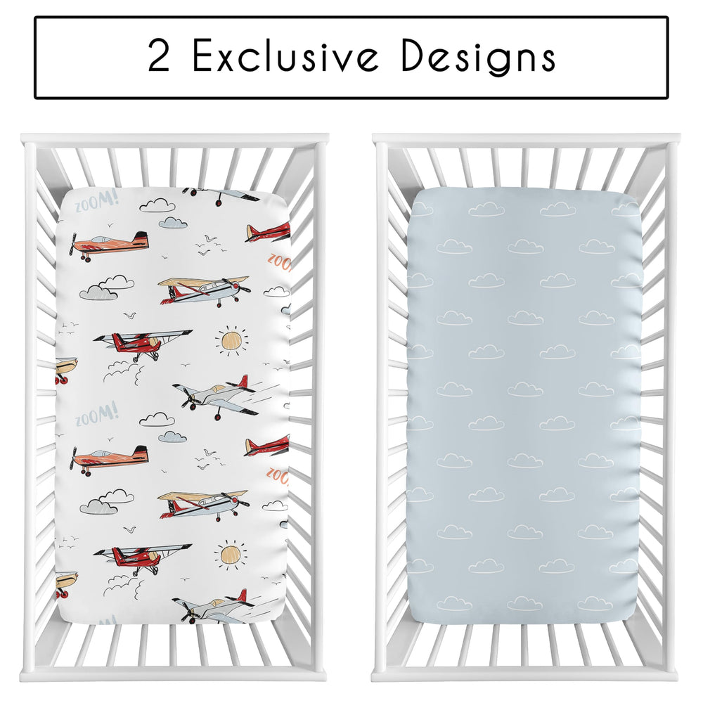 Sweet Jojo Designs vintage airplane sheets pattern detail for playful nursery