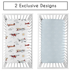 Sweet Jojo Designs vintage airplane sheets pattern detail for playful nursery
