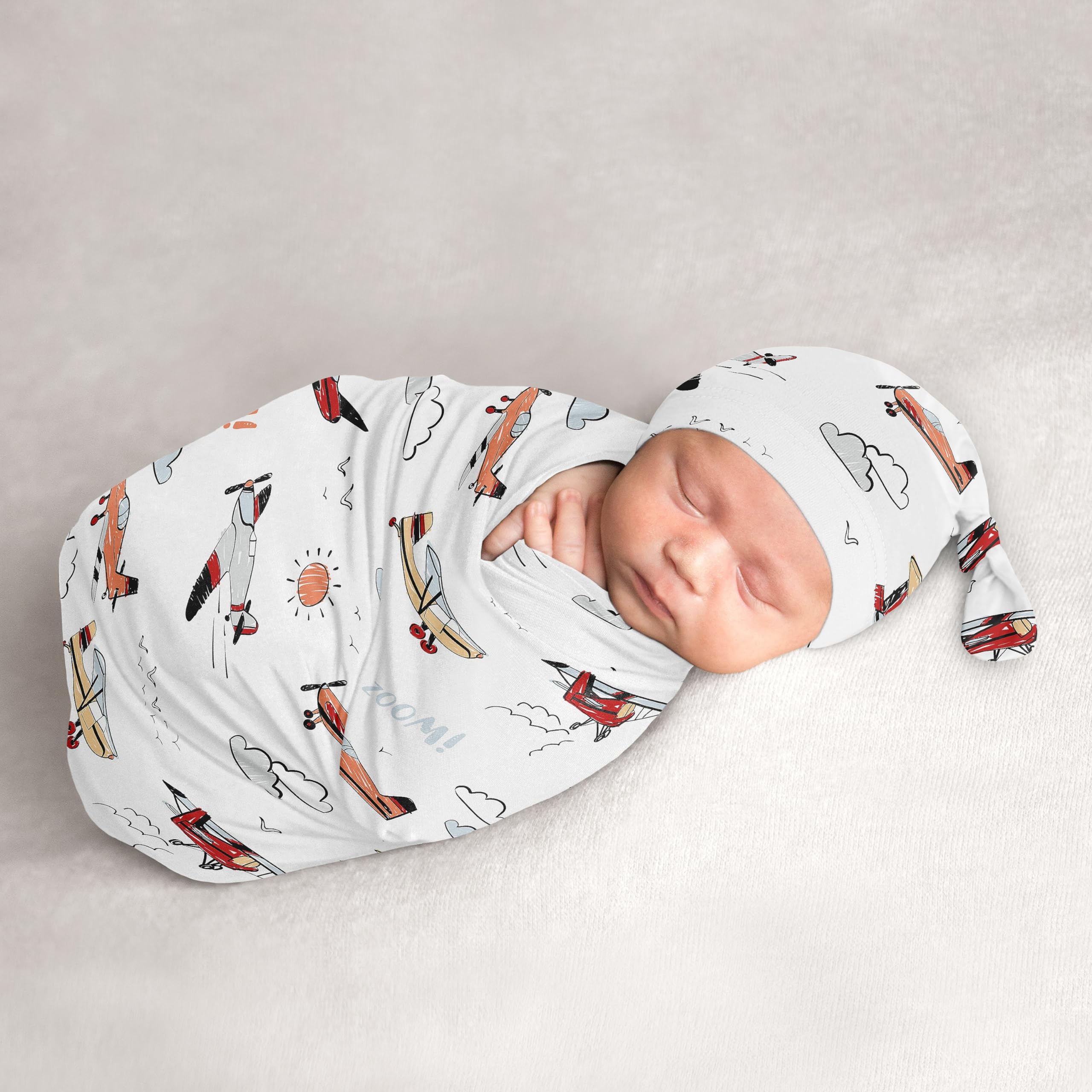 Sweet Jojo Designs vintage airplane swaddle cocoon close-up highlights soft knit comfort