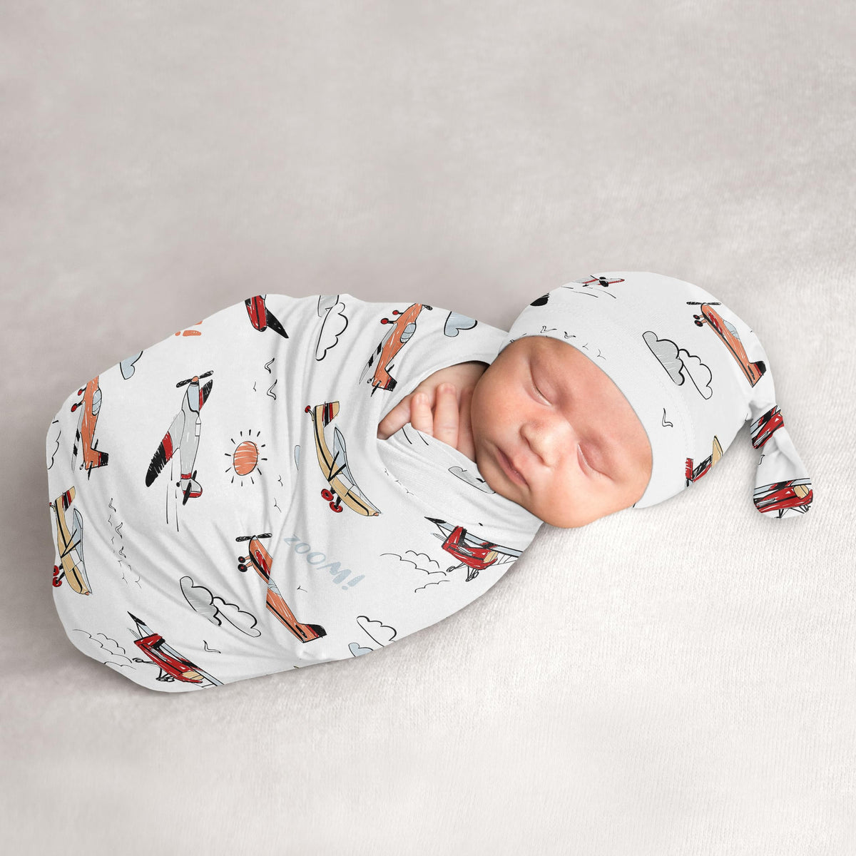 Sweet Jojo Designs vintage airplane swaddle cocoon close-up highlights soft knit comfort