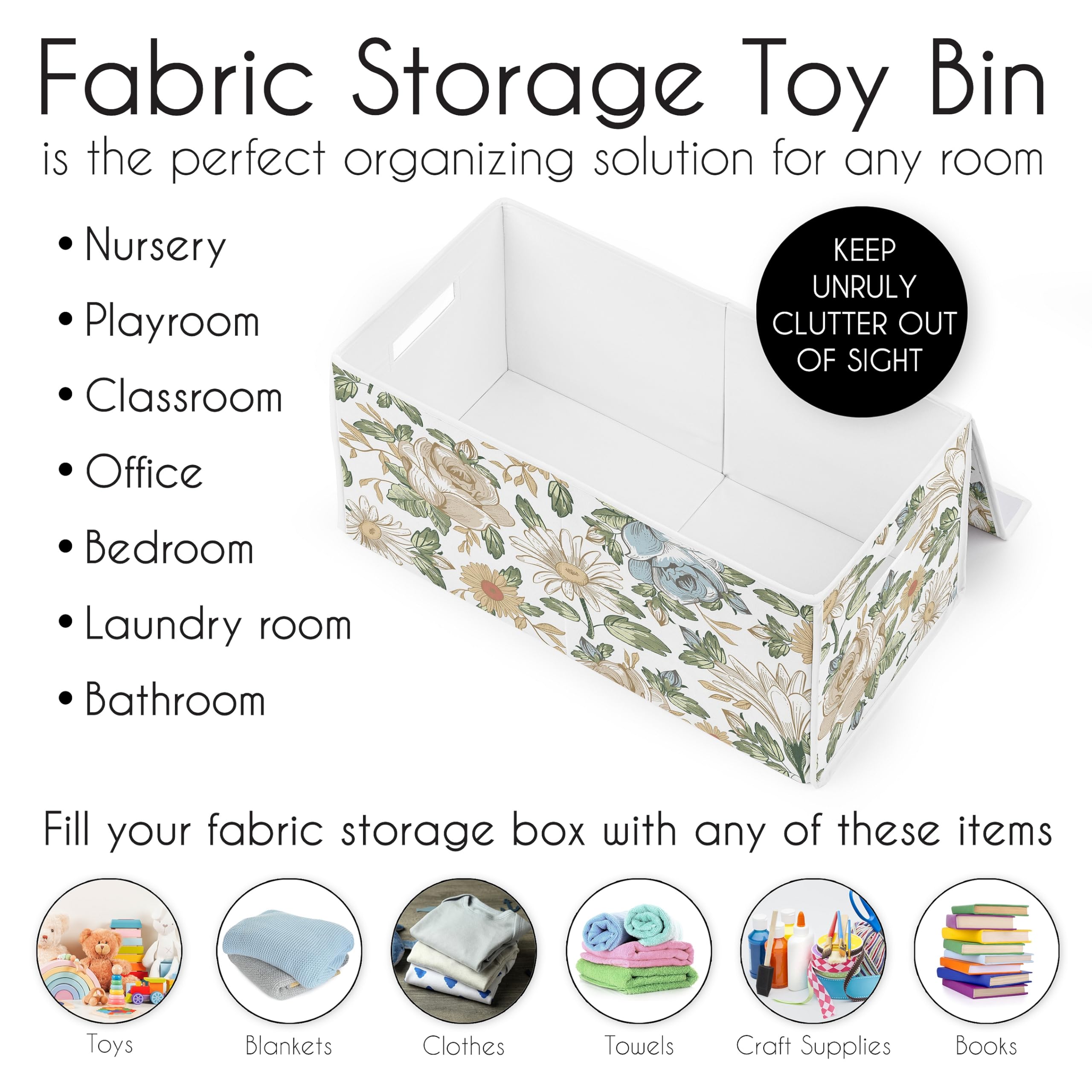 Sweet Jojo Designs vintage floral bin in nursery demonstrates tidy playtime organization