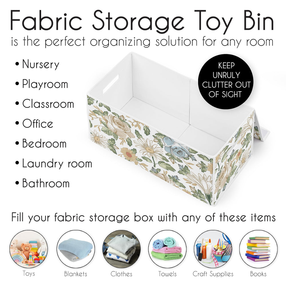 Sweet Jojo Designs vintage floral bin in nursery demonstrates tidy playtime organization