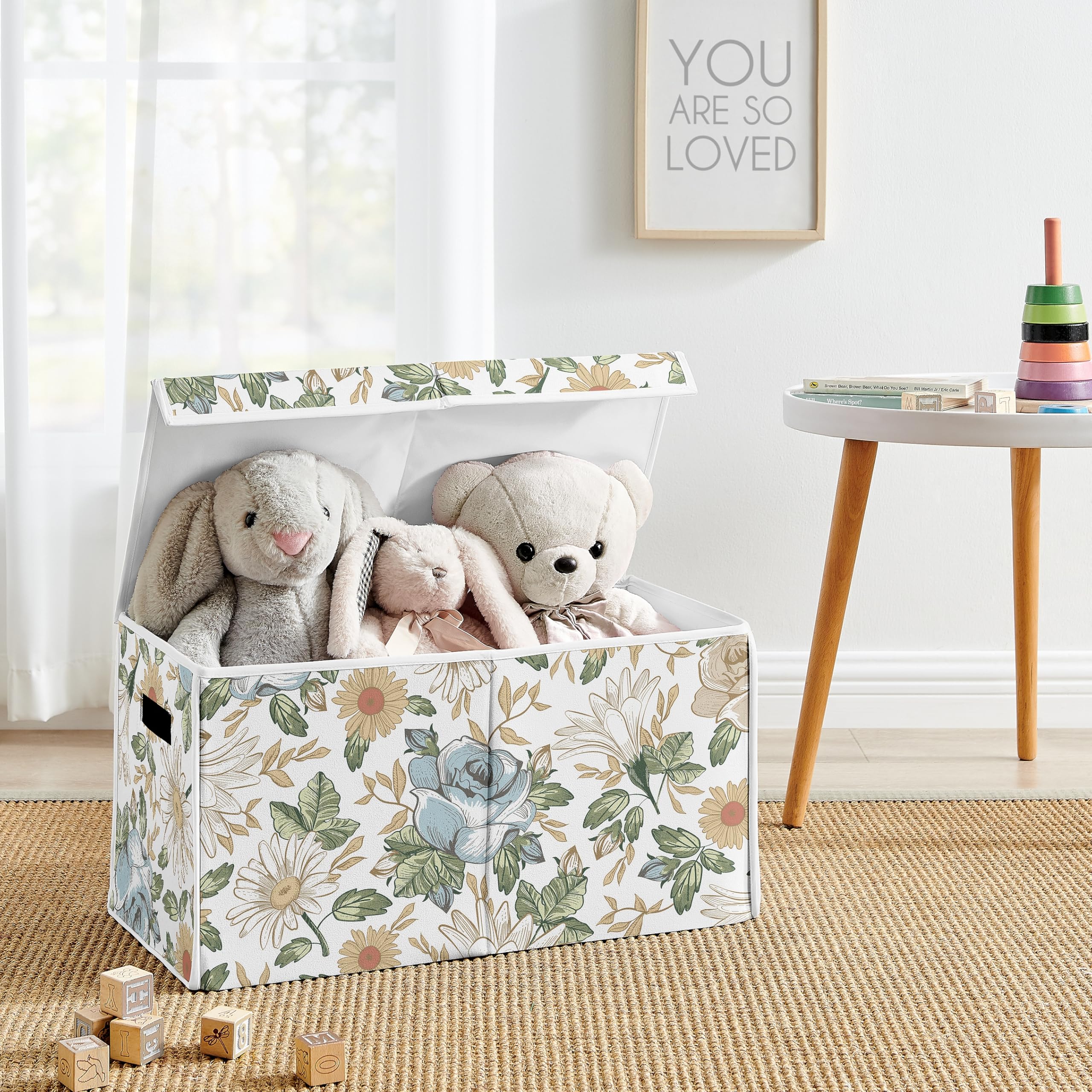 Sweet Jojo Designs vintage floral toy bin lid open showing accessible storage
