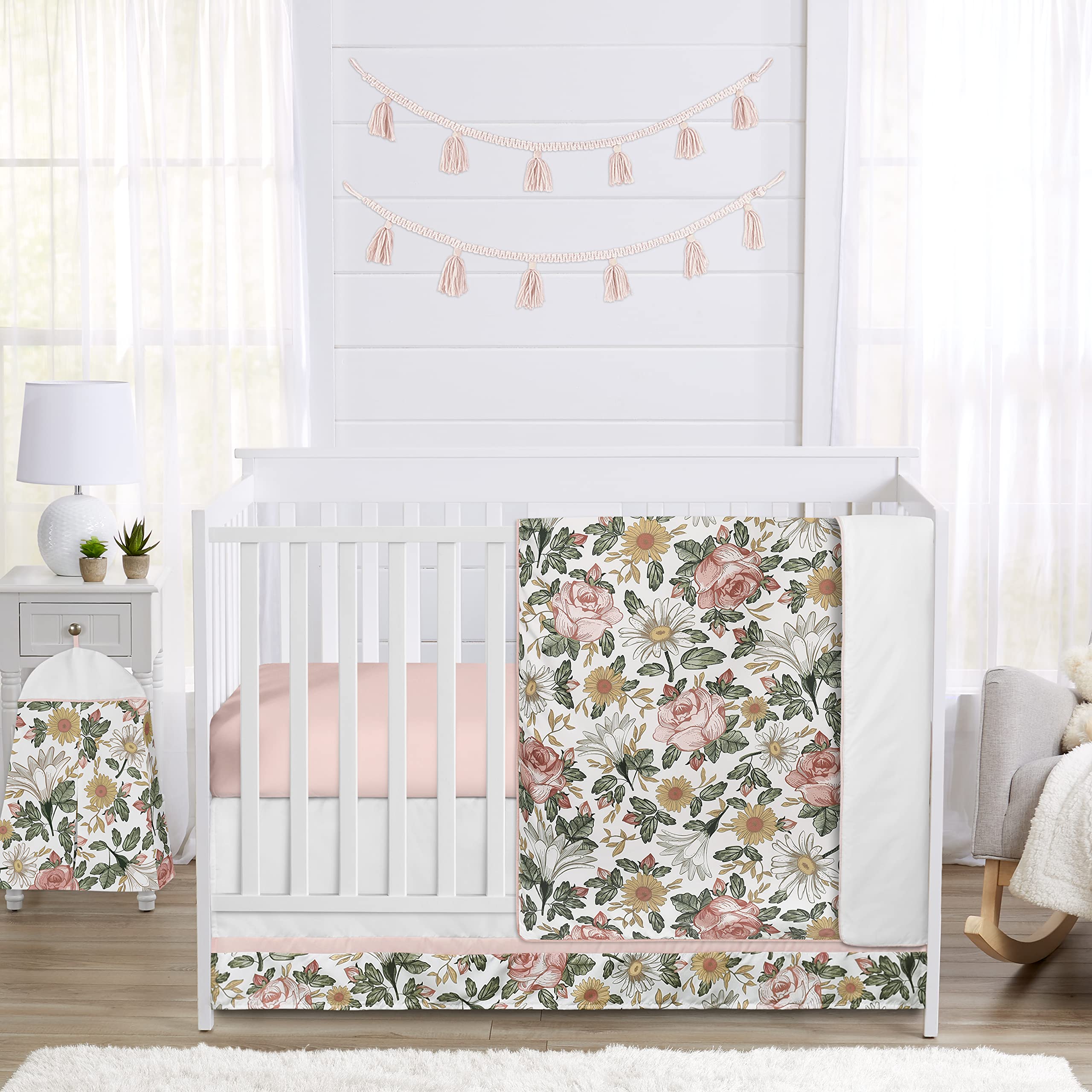 Sweet Jojo Designs vintage floral playmat with white piping complements nursery decor.