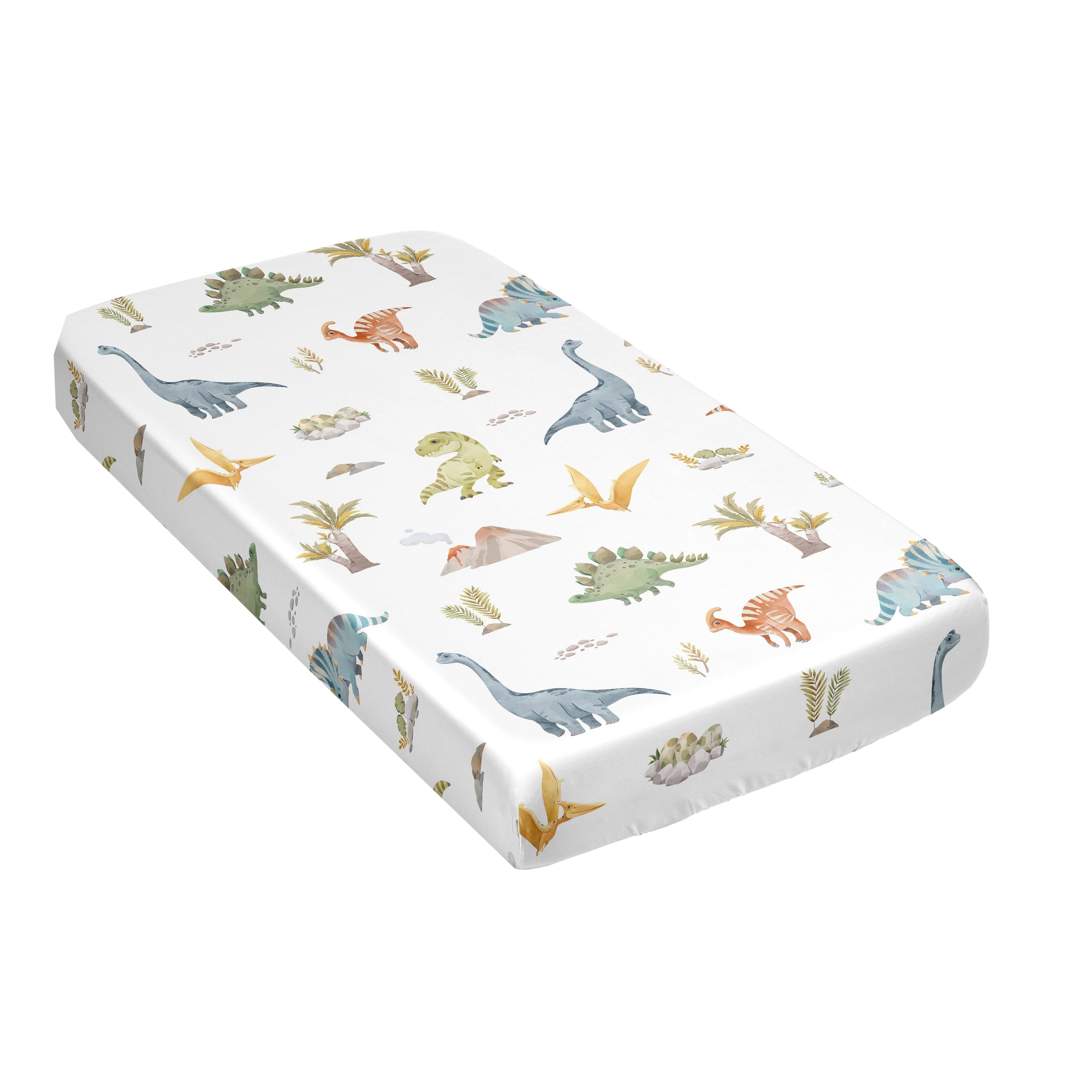 Sweet Jojo Designs watercolor dinosaur crib on bed — fits standard crib mattresses securely.
