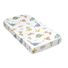 Sweet Jojo Designs watercolor dinosaur crib on bed — fits standard crib mattresses securely.