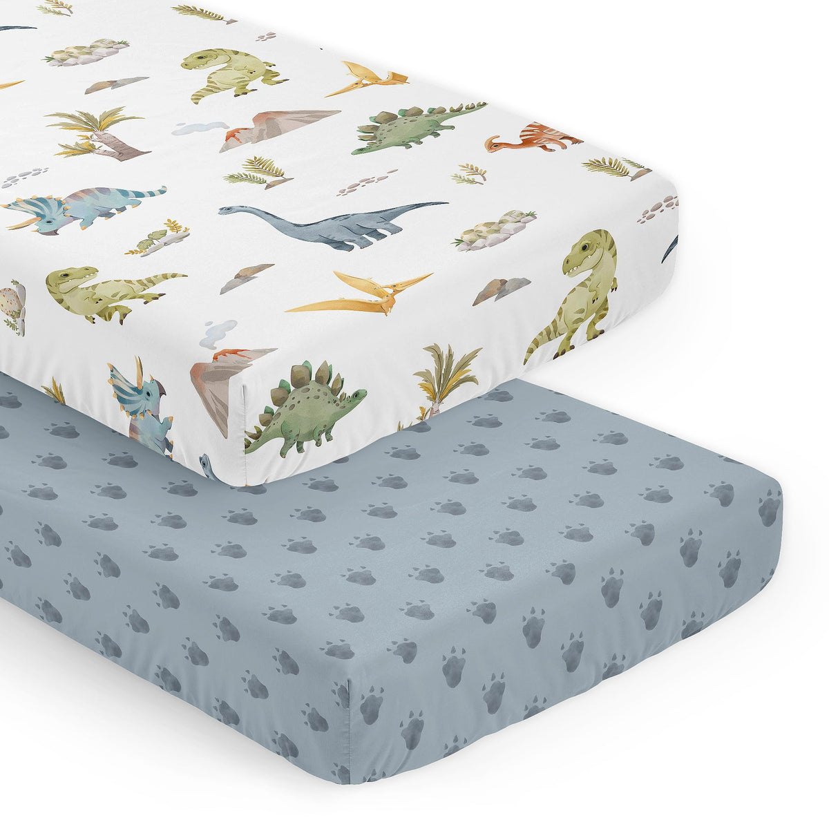 Sweet Jojo Designs watercolor dinosaur crib sheet in blue tracks for soft, breathable baby sleep.