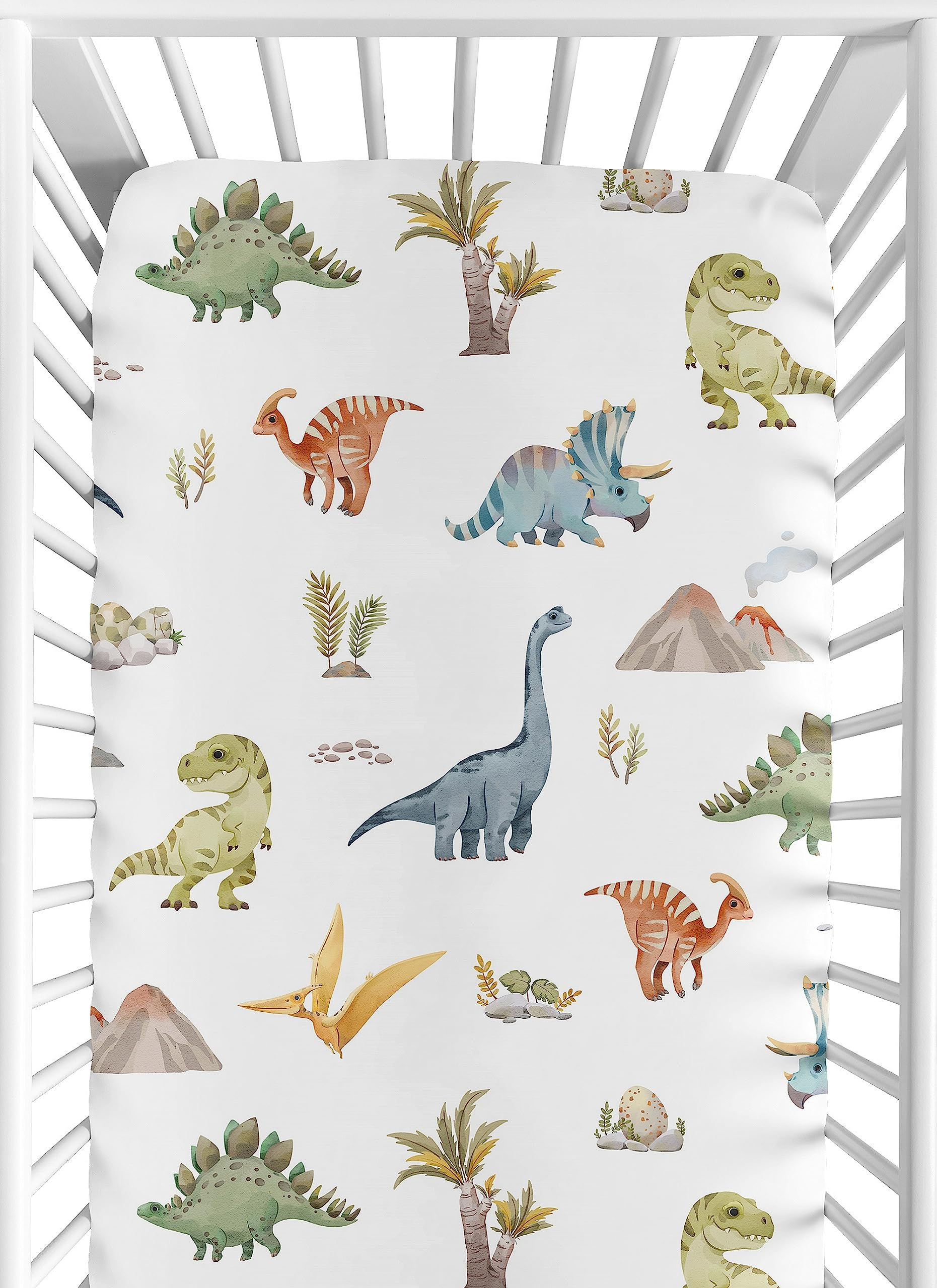Sweet Jojo Designs watercolor dinosaur crib sheet with a cozy snug fit.