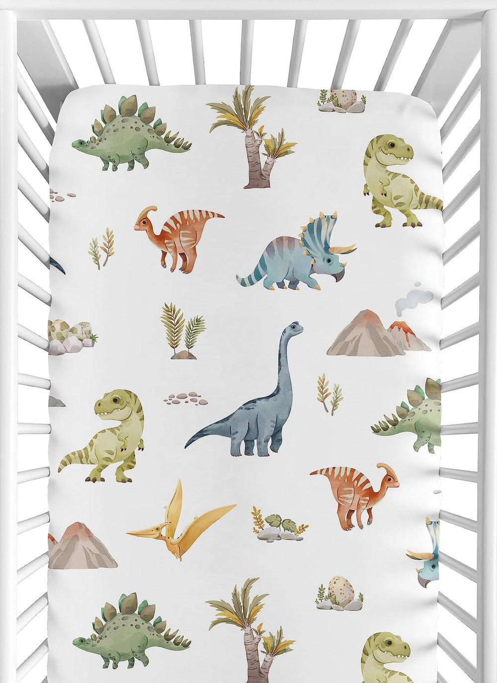 Sweet Jojo Designs watercolor dinosaur crib sheet with a cozy snug fit.