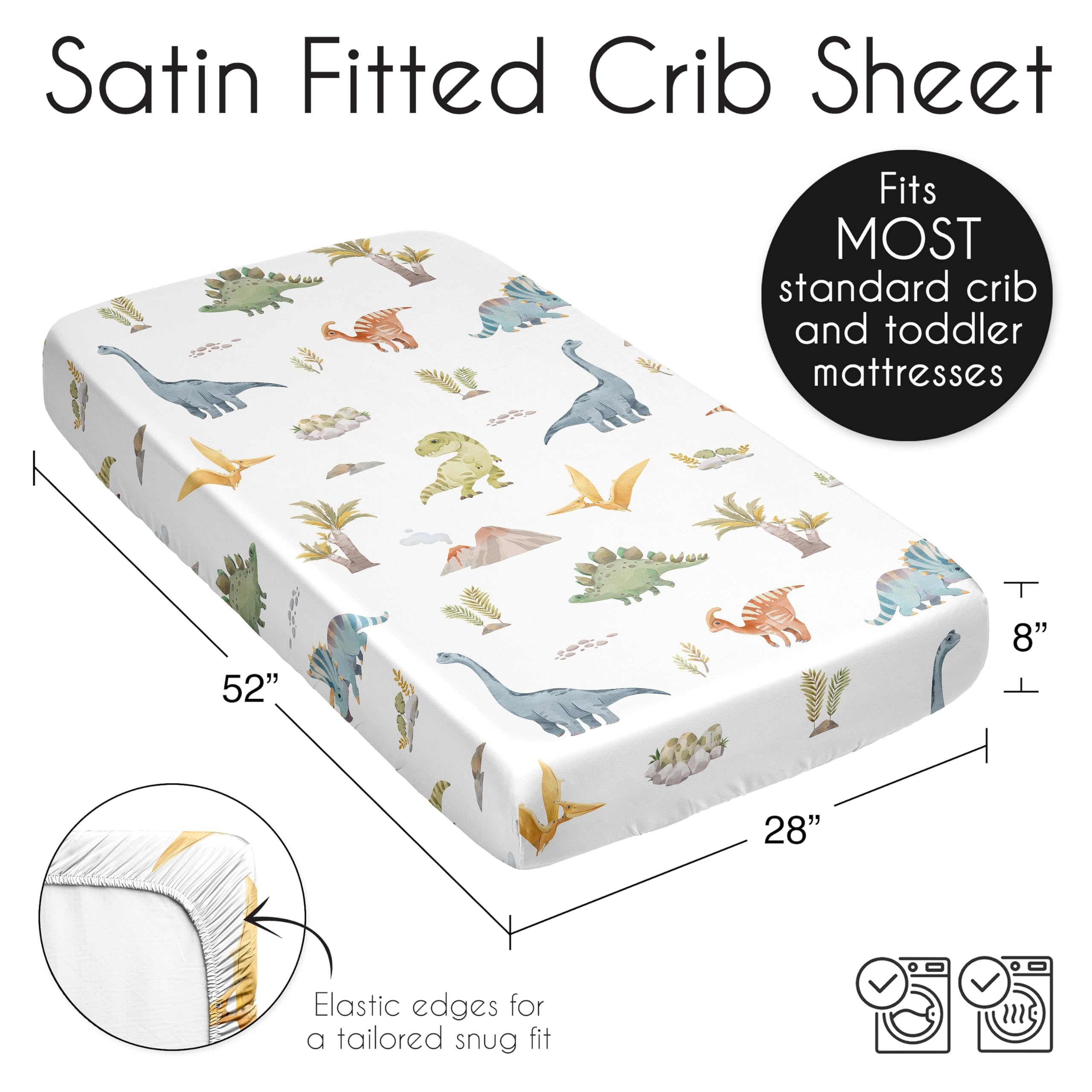 Sweet Jojo Designs watercolor dinosaur satin-fitted sheet on crib — secure elastic bottom ensures snug fit.