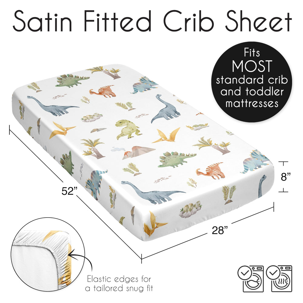 Sweet Jojo Designs watercolor dinosaur satin-fitted sheet on crib — secure elastic bottom ensures snug fit.