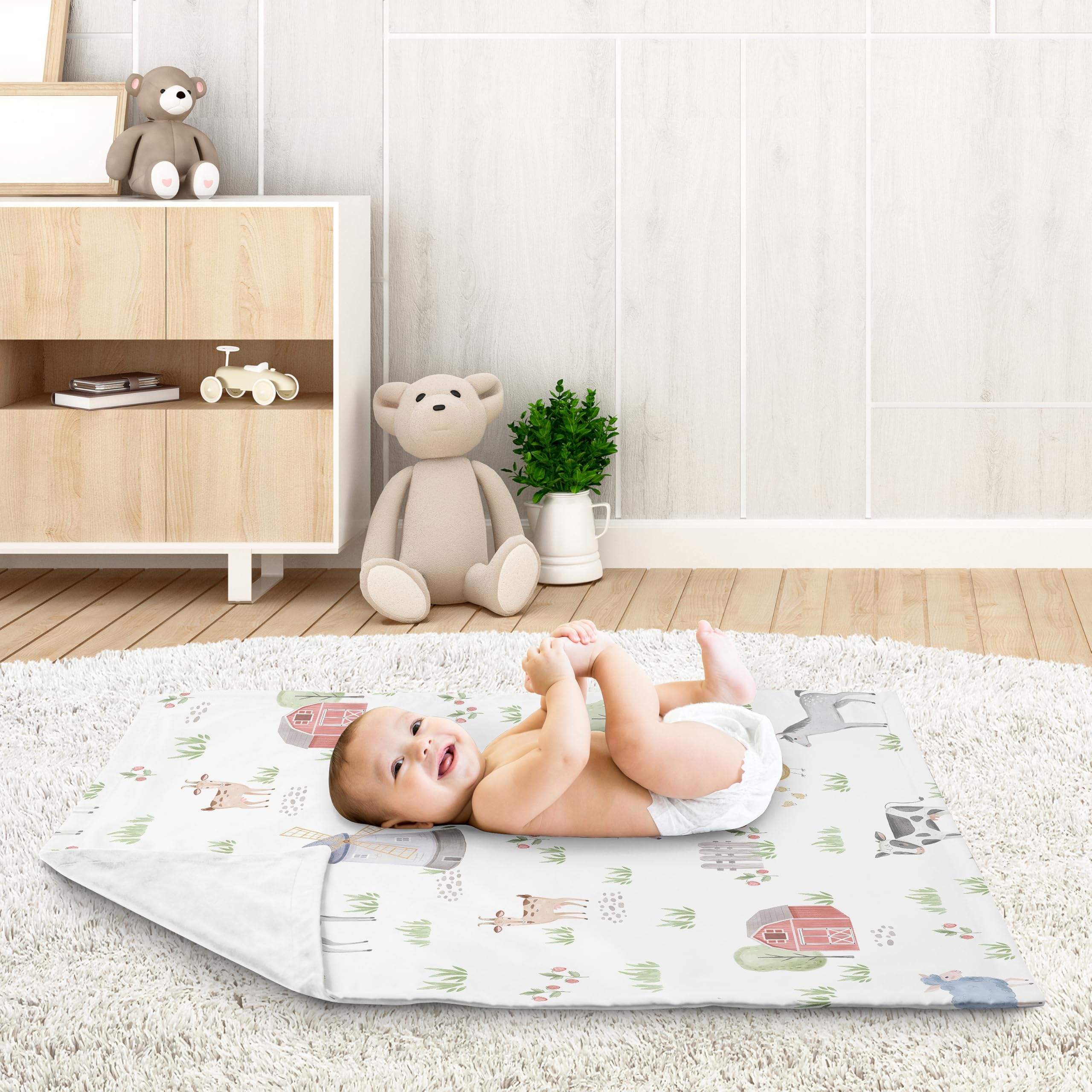 Sweet Jojo Designs watercolor farm print close-up highlights vibrant, durable fabric ideal for daily use.