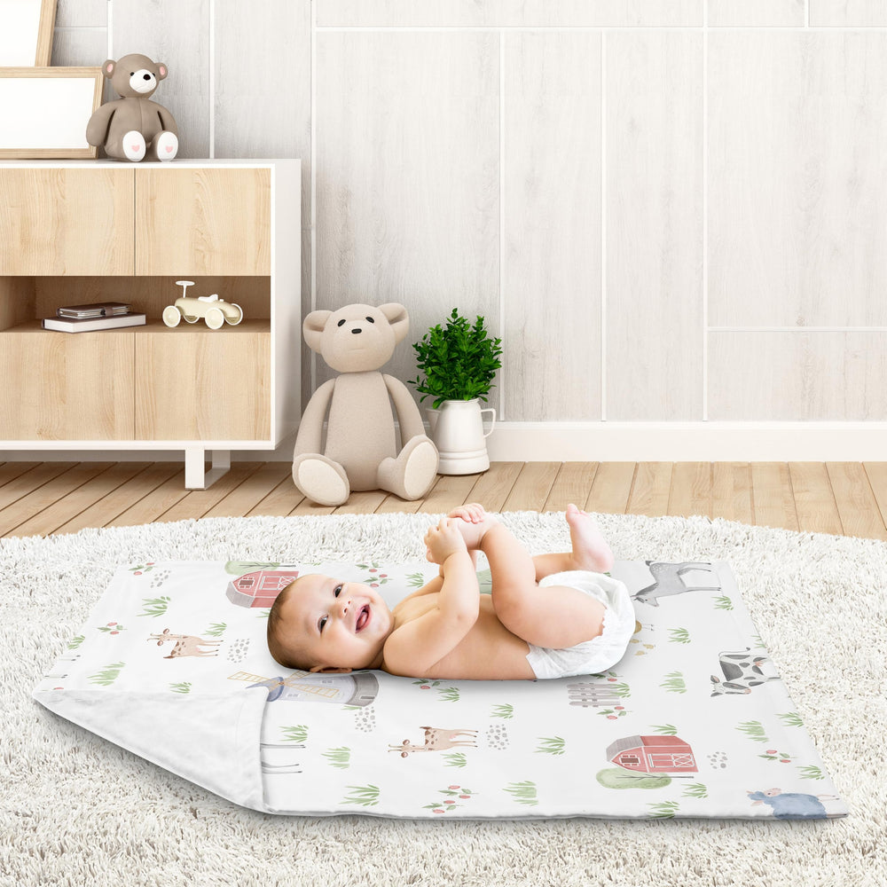 Sweet Jojo Designs watercolor farm print close-up highlights vibrant, durable fabric ideal for daily use.