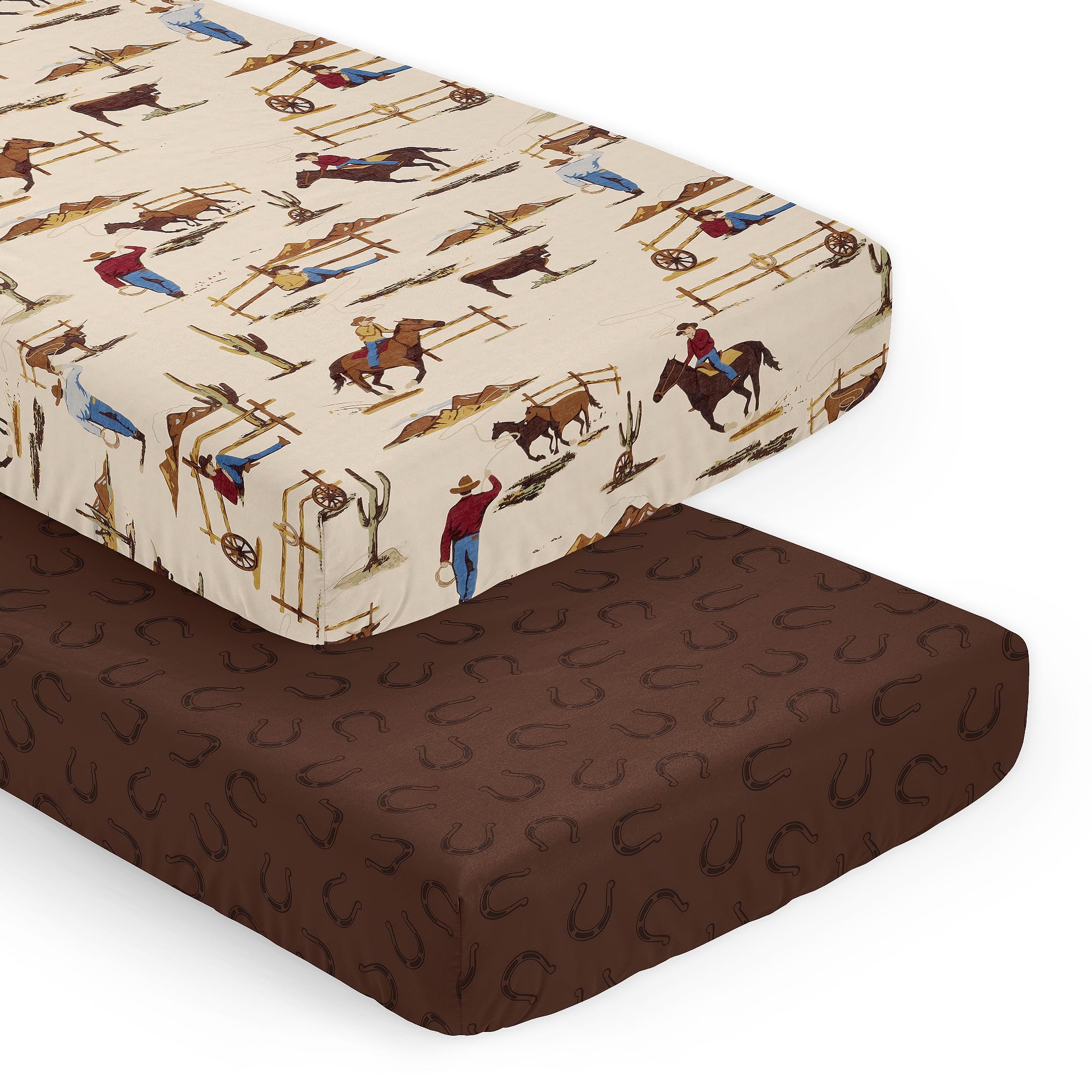 Sweet Jojo Designs western cowboy crib sheets with horseshoe print for cozy crib sleep.