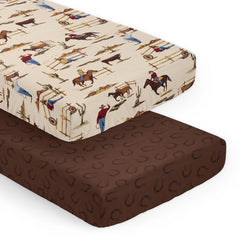 Sweet Jojo Designs western cowboy crib sheets with horseshoe print for cozy crib sleep.
