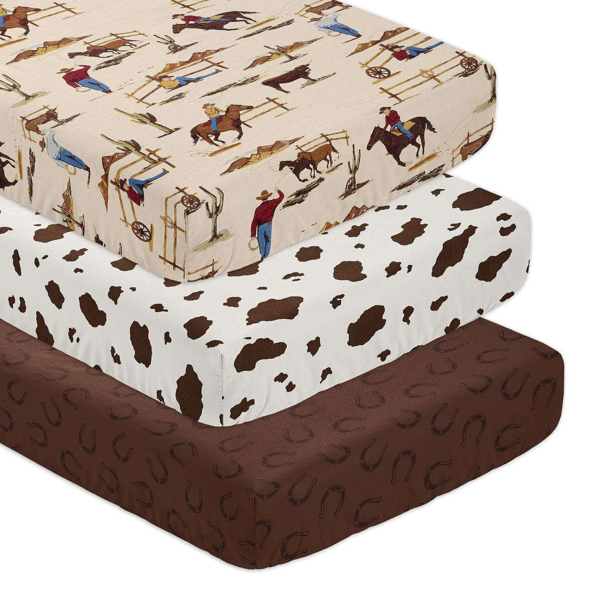 Sweet Jojo Designs western cowboy sheets with horseshoe print for secure crib fit