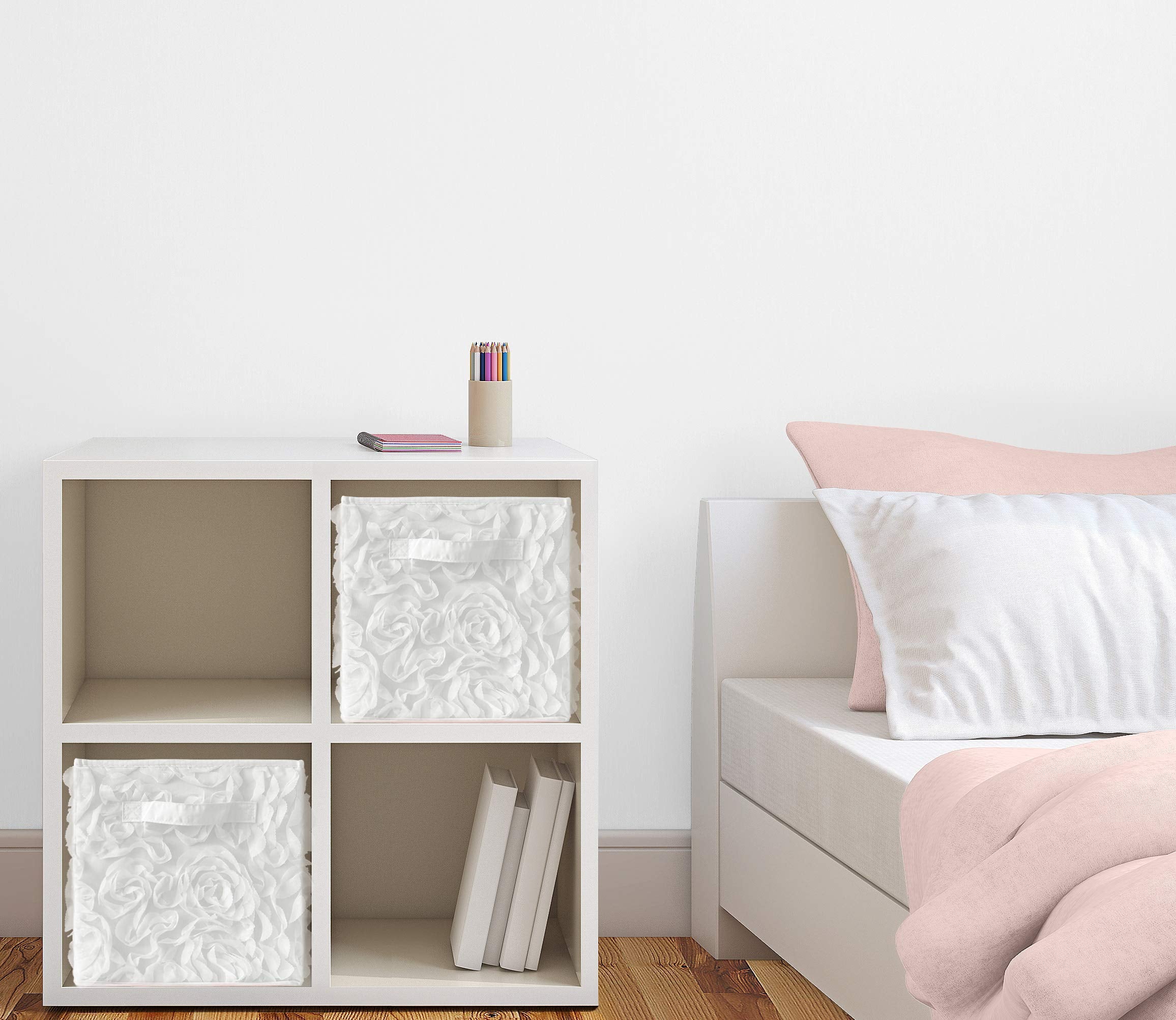 Close-up of reinforced handles on Sweet Jojo Designs bin for easy cube-shelf use.
