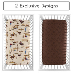 Sweet Jojo Designs wild west animals crib sheets in a playful nursery theme.