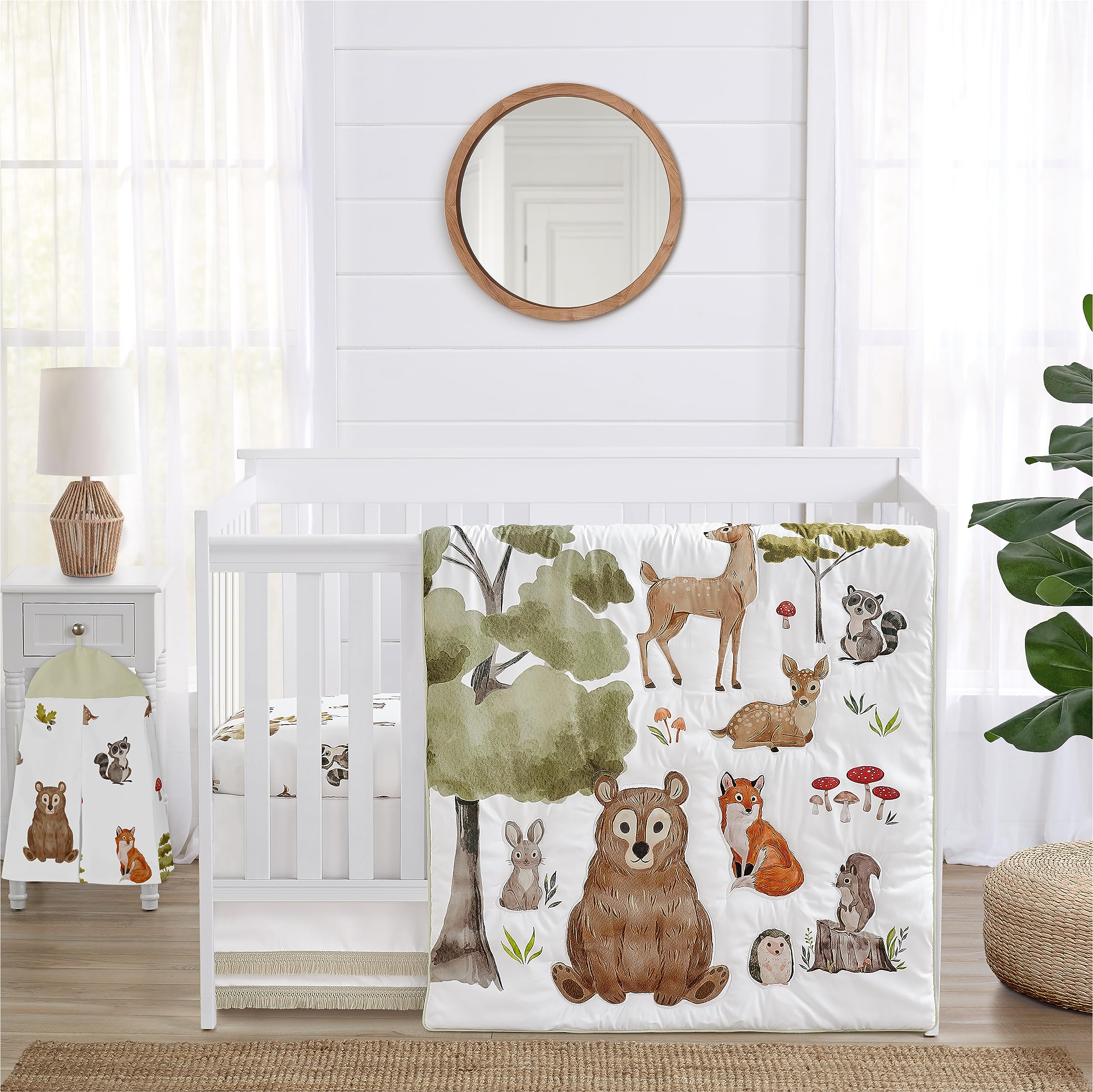 Sweet Jojo Designs woodland animals crib blanket shows forest print for calming nap time ambiance