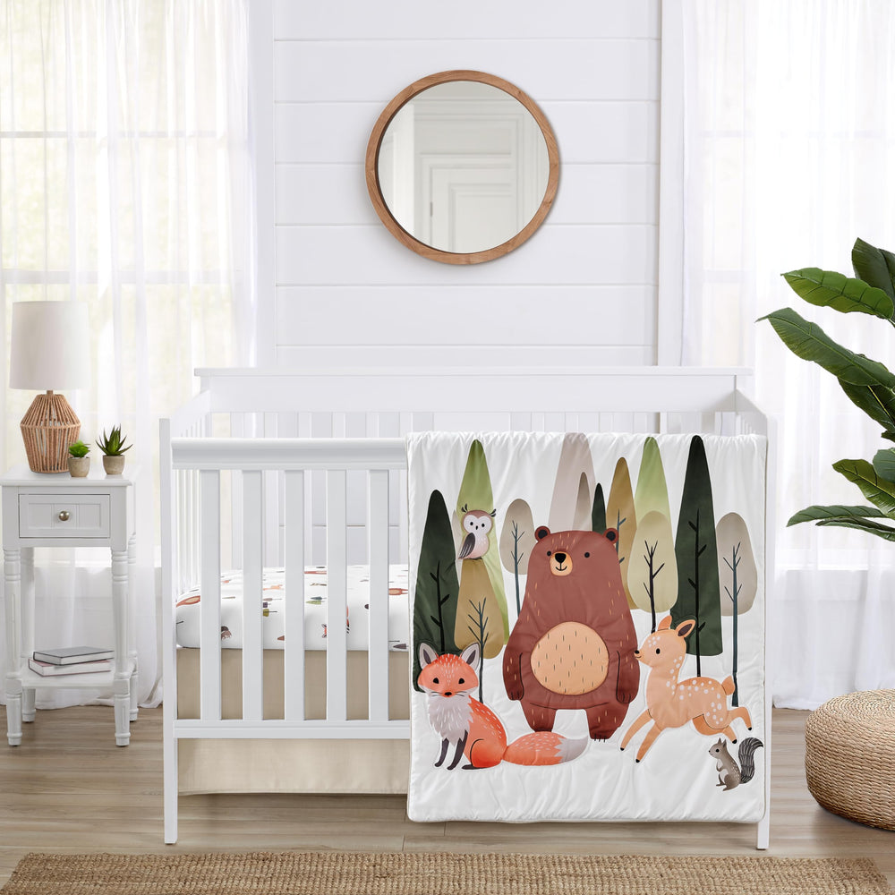 Sweet Jojo Designs woodland animals crib blanket shows cozy texture and soothing forest tones for bedtime.
