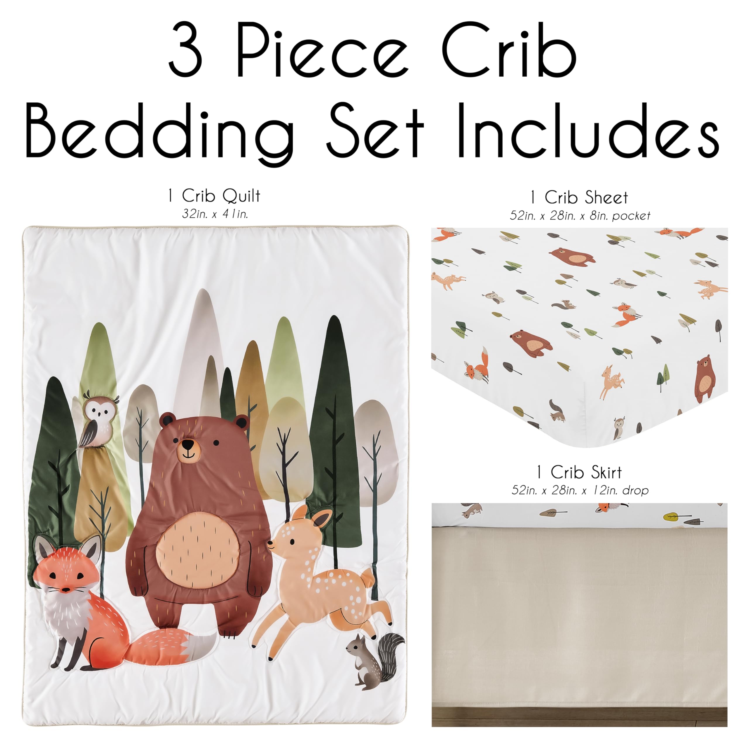Sweet Jojo Designs woodland animals crib sheet features elastic edges for a secure crib fit.