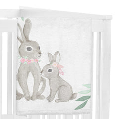 Sweet Jojo Designs woodland bunny color palette detail highlights blush pink mint green and grey accents.