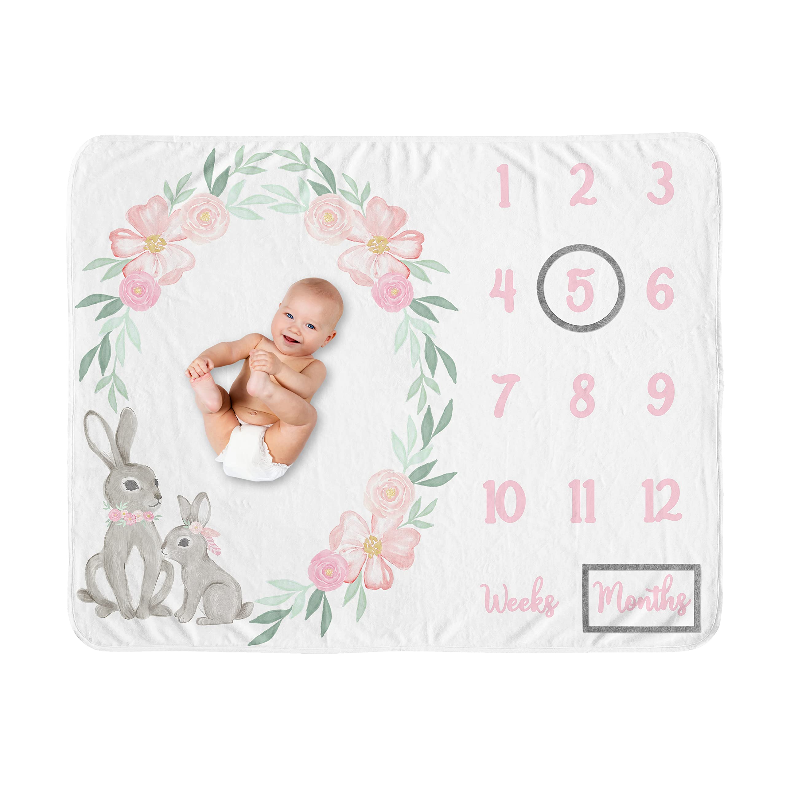 Sweet Jojo Designs woodland bunny milestone blanket closeup shows plush minky texture ideal for newborn photos.