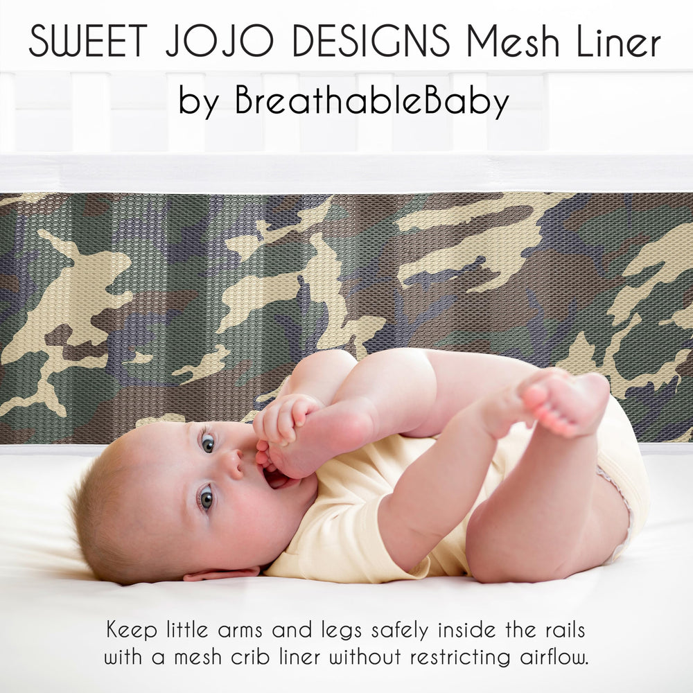 Sweet Jojo Designs woodland camo bedding coordination shows cohesive nursery styling.