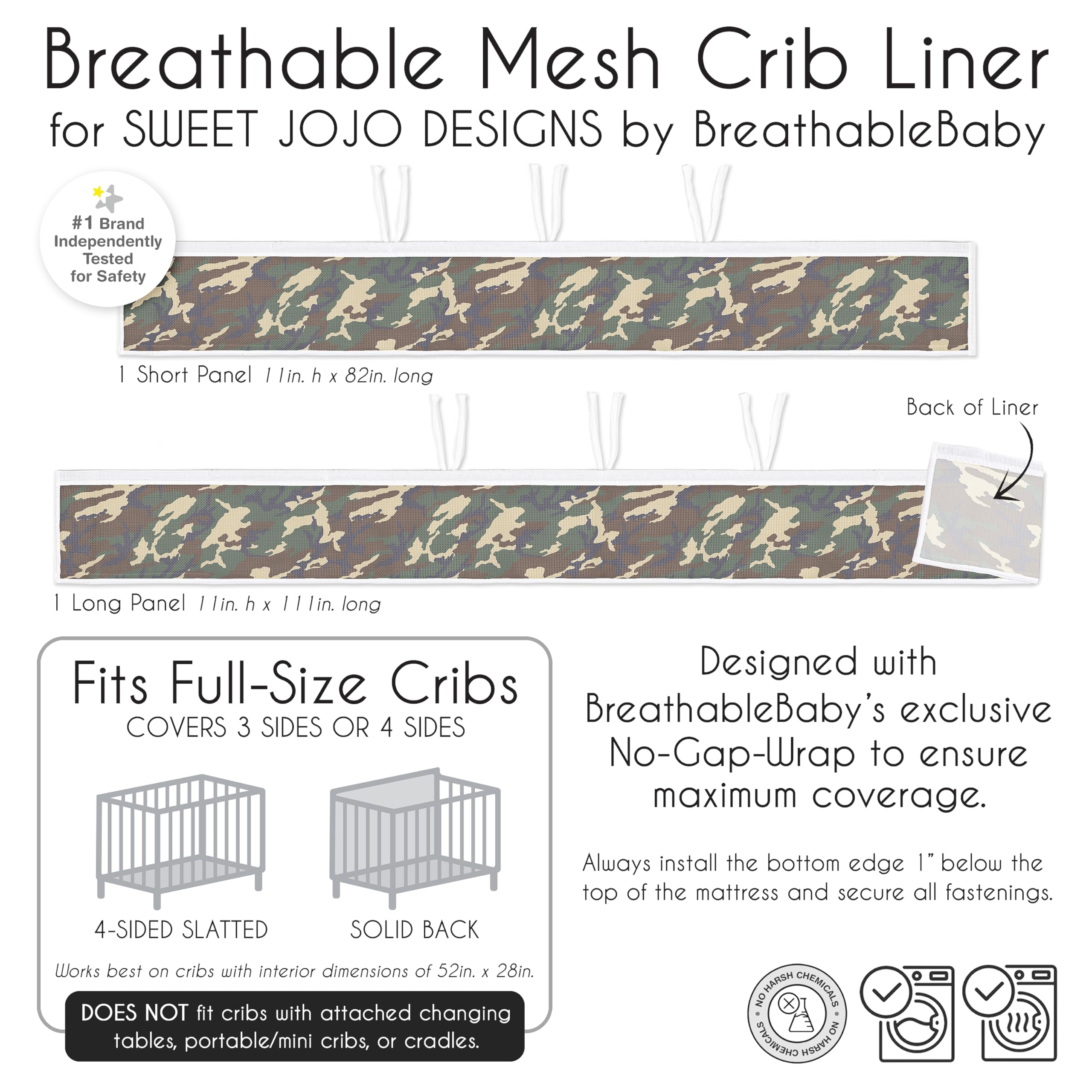 Sweet Jojo Designs woodland camo pacifier-stay feature illustrates pacifier accessibility.