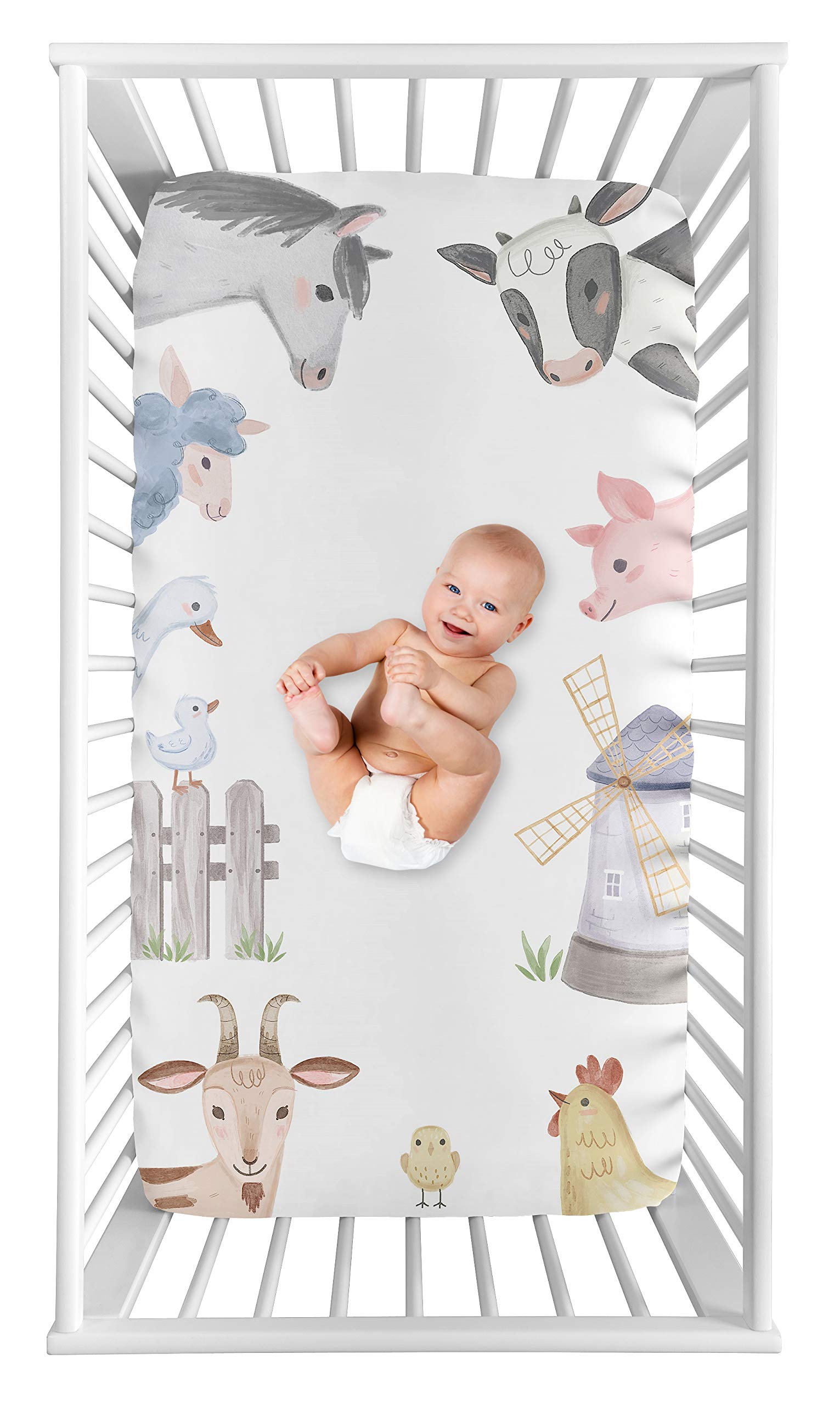 Sweet Jojo Designs farm animals crib sheet in watercolor print for a calming nursery.