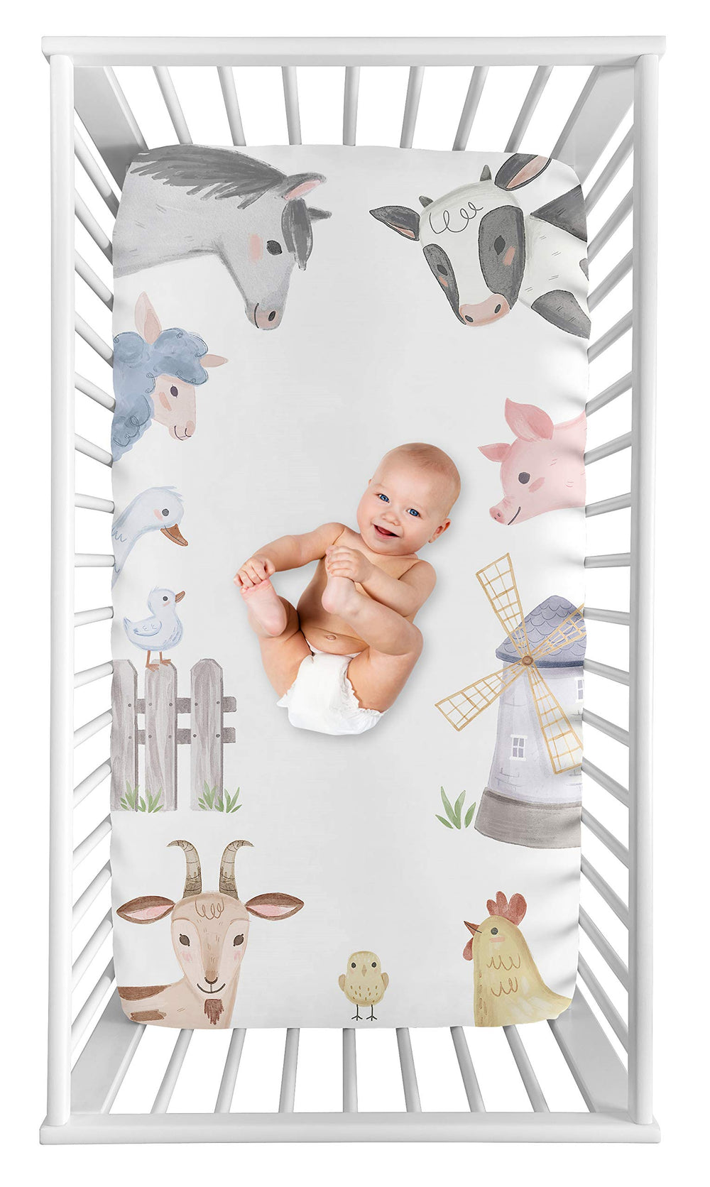 Sweet Jojo Designs farm animals crib sheet in watercolor print for a calming nursery.
