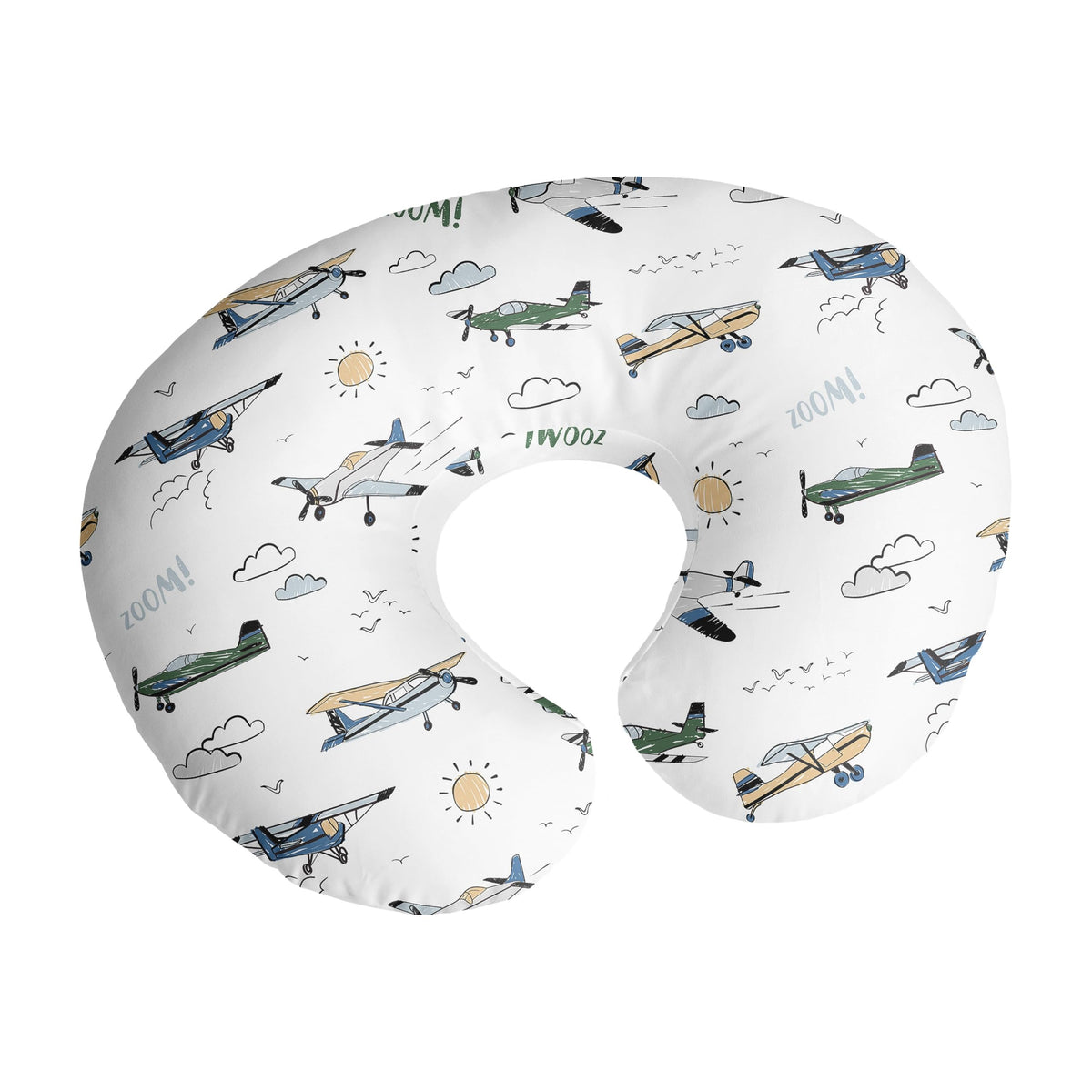 Sweet Jojo Designs nursing pillow cover front view features vintage airplane print for nursery playtime aesthetics.